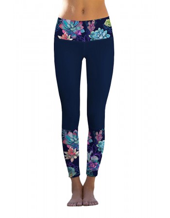 Navy Floral Printed Details Leggings Yoga Pants