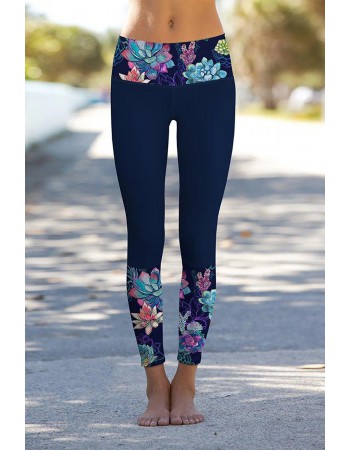 Navy Floral Printed Details Leggings Yoga Pants