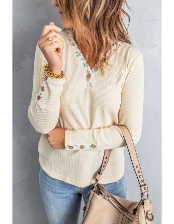 Floral Patchwork Button Waffle Knit Long Sleeve Top