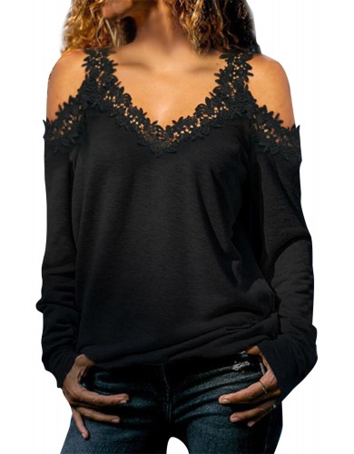 Black Lace Splicing Cold Shoulder V Neck Top