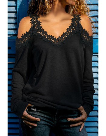 Black Lace Splicing Cold Shoulder V Neck Top