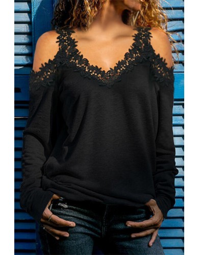 Black Lace Splicing Cold Shoulder V Neck Top