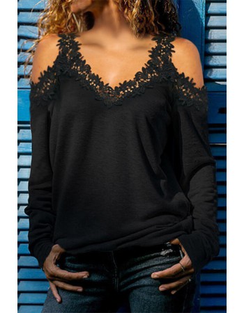 Black Lace Splicing Cold Shoulder V Neck Top