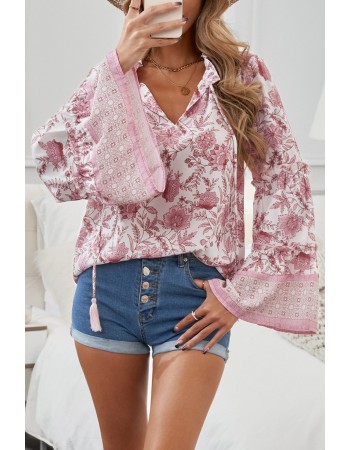 Floral Print V Neck Drawstring Flared Sleeve Top