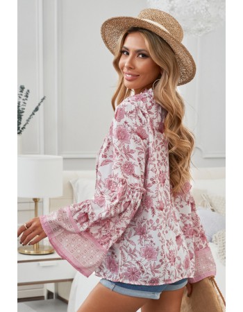 Floral Print V Neck Drawstring Flared Sleeve Top
