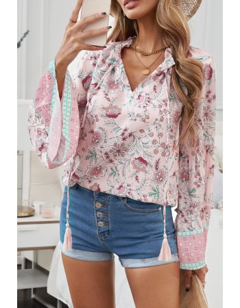 Pink Floral Print V Neck Drawstring Flared Sleeve Top