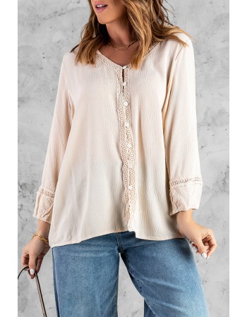 Apricot Solid V Neck Lace Decor Buttons Shirt