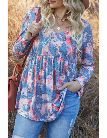 Blue Leopard Tie Dye V Neck Pleated Long Sleeve Top