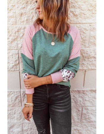 Green Round Neck Leopard Color Block Long Sleeve Top