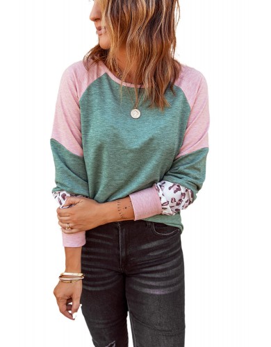 Green Round Neck Leopard Color Block Long Sleeve Top