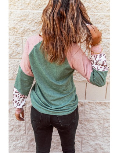 Green Round Neck Leopard Color Block Long Sleeve Top