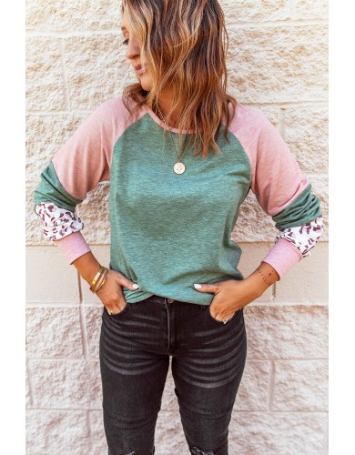 Green Round Neck Leopard Color Block Long Sleeve Top