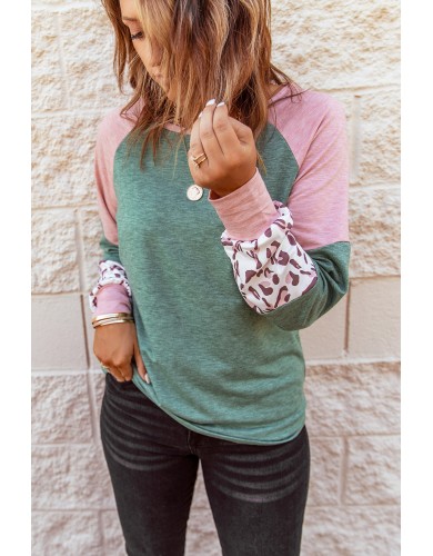 Green Round Neck Leopard Color Block Long Sleeve Top