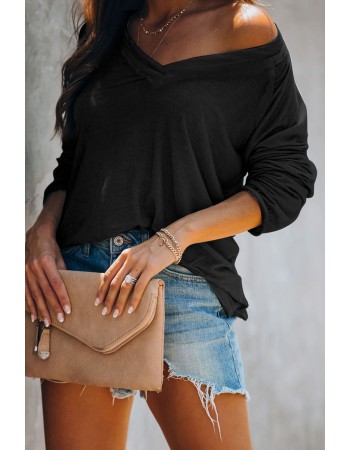 Black V Neck Casual Long Sleeve Top