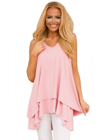 Pink Ruffled Layer Asymmetric Hem Tunic Tank