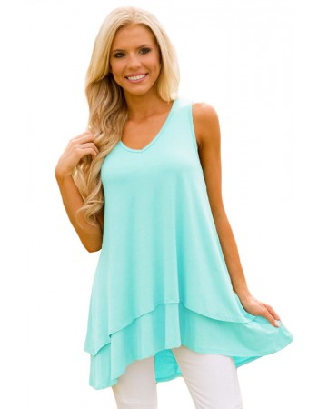 Mint Ruffled Layer Asymmetric Hem Tunic Tank