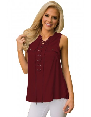 Wine Sleeveless Tank Top with Lace up