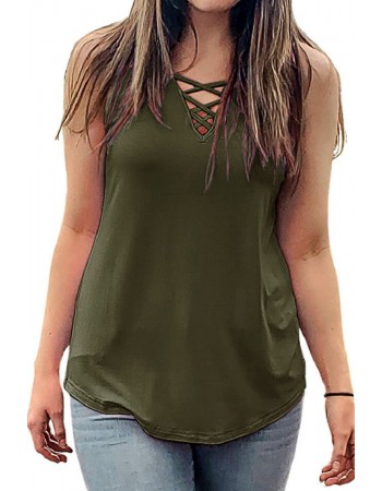 Army Green Crisscross V Neckline Women Tank Top