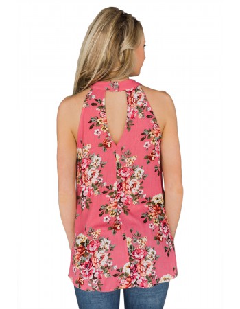 Coral Pink Floral Back Cutout Sleeveless Top